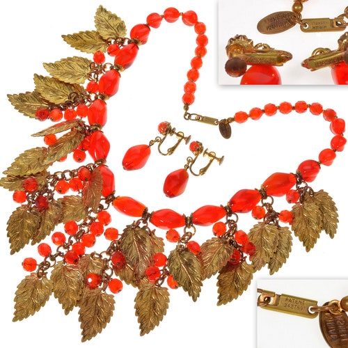 Miriam Haskell Signed Vintage Red Glass and Brass Leaf Necklace